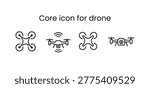 Set of four minimalist black line art drone icons on white background. Top view quadcopter, front view camera drone, abstract crossed design, and framed drone symbol. Clean vector drone illustrations.