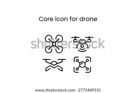 Set of four minimalist black line art drone icons on white background. Top view quadcopter, front view camera drone, abstract crossed design, and framed drone symbol. Clean vector drone illustrations.