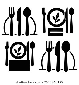 A set of four minimalist black silhouette icons depicting different table setting arrangements, including plates, forks, knives, and spoons. The distinctive feature is the solid black silhouette.