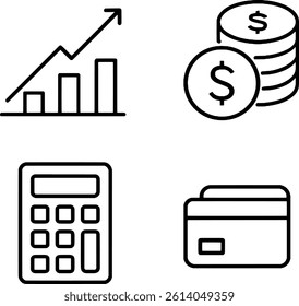A set of four minimalist black and white finance icons in a clean line-art style. Includes a rising graph, stacked coins, a calculator, and a credit card. Perfect for financial presentations, apps, we