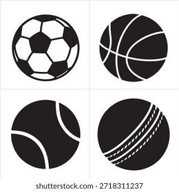 Das Set besteht aus vier minimalistischen schwarz-weißen Sportball-Symbolen, darunter Fußball, Basketball, Tennis und Cricket. Reine Vektorgrafik für Sportdesign