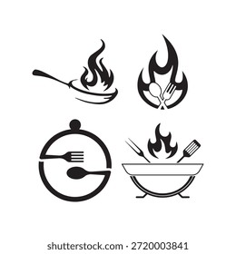 Conjunto de quatro logotipos minimalistas em preto e branco para um restaurante ou empresa de catering com fogo de cozinha e utensílios