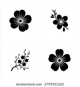 A set of four minimalist black and white floral designs showcasing cherry blossoms with intricate petals and delicate branches for artistic and decorative use