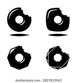 Set of Four Minimalist Black and White Bitten Donut Vector Icons