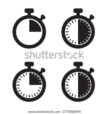A set of four minimalist black and white stopwatch icons representing different time intervals. The collection includes 15-minute (quarter) and 30-minute (half) countdown timers with and without dial markers. Perfect for UI UX design, productivity apps, fitness tracking, and deadline-related infographics. High-contrast, clean vector style for web and print.