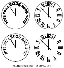 A set of four minimalist black-and-white clock illustrations showing the countdown to the year 2025. Perfect for New Year designs and creative projects.