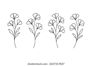 Set of Four Minimalist Botanical Line Art Illustrations Featuring Abstract Ginkgo-Inspired Floral Stems with Elegant Black-and-White Continuous Outlines
