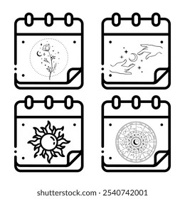   A set of four minimalist calendar icons featuring celestial themes. Each icon showcases a unique celestial design, including a moon and stars, lightning, a sun, and a compass. Perfect for astrology