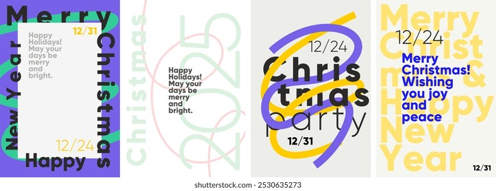 Set of four minimalist Christmas and New Year posters featuring bold typography and playful color schemes.