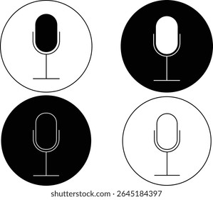 Um conjunto de quatro ícones circulares minimalistas de microfone. A coleção apresenta estilos sólidos e contornos, apresentados em variações preto-sobre-branco e invertido branco-sobre-preto.