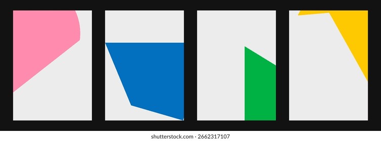 Un conjunto de cuatro diseños minimalistas con Formas geométricas simples en colores brillantes sobre un fondo blanco limpio, perfecto para el diseño moderno de póster, volante o portada.