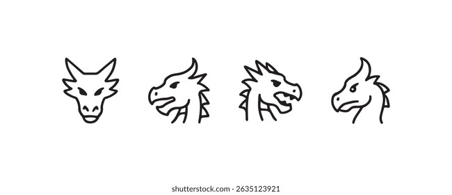 Set of four minimalist dragon head outlines with different expressions.