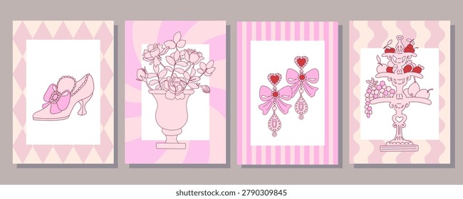 A set of four minimalist flat design posters in coquette rococo style. Features a retro shoe, a vase with roses, vintage drop earrings, and a fruit bowl with assorted fruits. Soft pink and red color