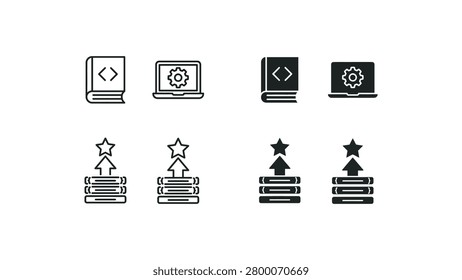 Set of four minimalist flat icons showing a book with code, laptop with gear, and servers with upward arrows and stars representing coding, development, and successful database uploads or backups.