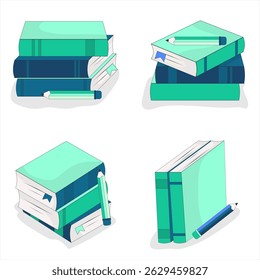 Un conjunto de cuatro ilustraciones minimalistas de estilo plano con varios arreglos de libros azules y navy combinados con lápices