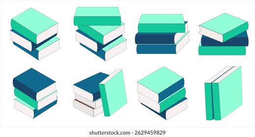 Un conjunto de cuatro ilustraciones minimalistas de estilo plano con varios arreglos de libros azules y navy combinados con lápices