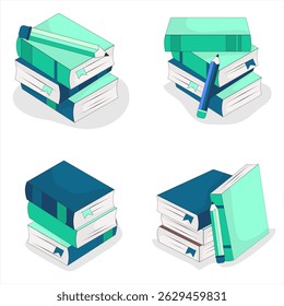 A set of four minimalist flat-style illustrations featuring various arrangements of teal and navy books paired with pencils