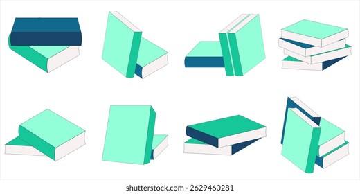 Un conjunto de cuatro ilustraciones minimalistas de estilo plano con varios arreglos de libros azules y navy combinados con lápices