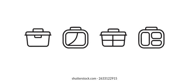 Set of four minimalist food container icons in black line art style.