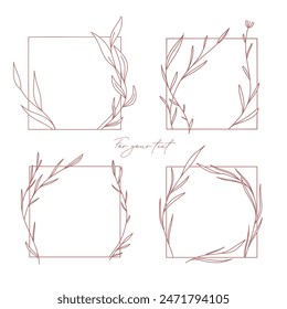 Set of Four Minimalist Hand-Drawn Square Floral Frames With Leaf Designs. Line Art style vector backgrounds for wedding invitations, greeting cards, social media stories elements for logo