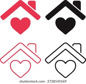 Set of four minimalist heart inside house icons for real estate branding and home care service design