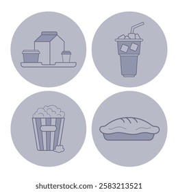 Set of four minimalist icons representing various food and drink items. Milk carton, beverage cup, popcorn, and pie. Simple design elements for menus, apps, or graphic design projects