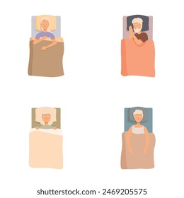 Set of four minimalist illustrations showing diverse people sleeping comfortably in their beds