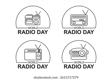 Set of four minimalist line art illustrations for World Radio Day, featuring various vintage radio icons. Perfect for media, communication, and broadcasting celebration themes.