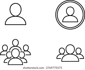 A set of four minimalist line art icons representing individual people and small group settings Vector