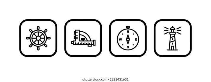 A set of four minimalist line art icons representing nautical navigation tools: a ship's wheel, a sextant, a compass, and a lighthouse on a white background.