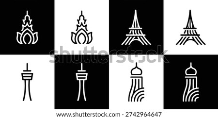 A set of four minimalist line art icons depicting global architectural marvels: Asian temple stupa, Eiffel Tower, modern communication tower, and striped abstract minaret structure.