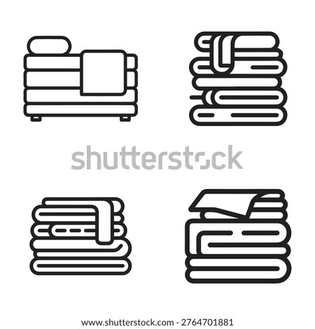 Set of four minimalist line art icons representing folded linens, including a neatly made bed with a pillow and blanket, and three stacks of clean, folded towels or sheets