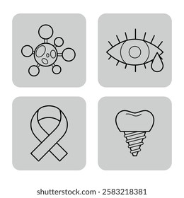 Set of four minimalist line icons representing healthcare concept. Molecule, eye with tear, ribbon, and dental implant. Health and wellness concept