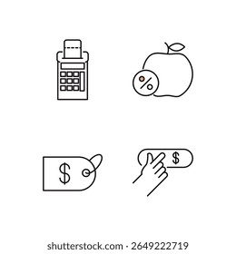A set of four minimalist line icons related to shopping and digital payments. The icons include a point-of-sale terminal (POS machine), an apple with a discount symbol (fruit promotion), a price tag w