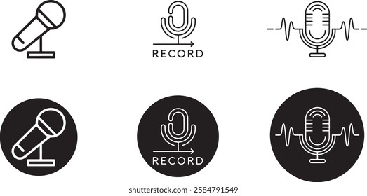 Set of four minimalist microphone icons in a black and white color scheme.