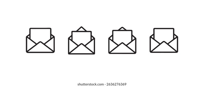 Conjunto de cuatro iconos de sobres abiertos minimalistas en diseño blanco y negro.