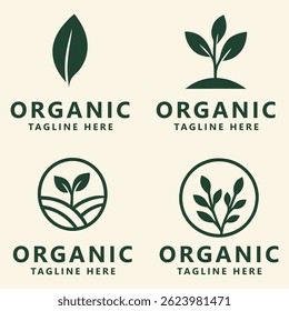 A set of four minimalist organic-themed logos featuring plant and leaf designs in green, perfect for eco-friendly and sustainable branding.