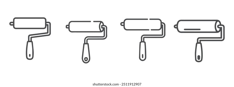 Conjunto de cuatro iconos vectoriales de rodillos de pintura minimalistas en blanco y negro. Ideal para proyectos de Diseño gráfico, mejoras para el hogar y bricolaje. Arte lineal limpio y simple perfecto para un uso creativo versátil.