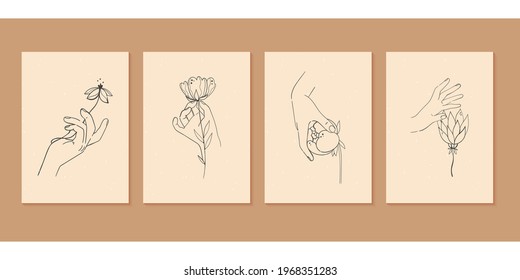 A set of four minimalist pastel posters. Backgrounds for your social media, web design, interiors. Vintage cute illustrations with different hands, flowers, plants, leaves from thin black lines.