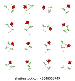 A set of four minimalist red flower illustrations with green leaves and simple curved stems, isolated on a white background.