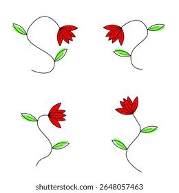 A set of four minimalist red flower illustrations with green leaves and simple curved stems, isolated on a white background. vector illustration.