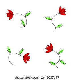 A set of four minimalist red flower illustrations with green leaves and simple curved stems, isolated on a white background. Ideal for invitations, greeting cards, patterns, web design, or branding.