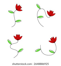 A set of four minimalist red flower illustrations with green leaves and simple curved stems, isolated on a white background. vector illustration.
