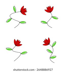 A set of four minimalist red flower illustrations with green leaves and simple curved stems, isolated on a white background.