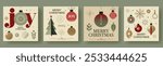 Set of Four Minimalist Retro Style Christmas Greeting Cards with Joy, Merry Christmas, Christmas Tree, Ornaments, and Snowflakes on a Soft Color Palette of Red, Green, Beige, and Gold