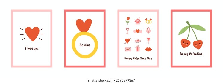 Set of four minimalist simple valentine's day posters. Hand drawn vector illustration