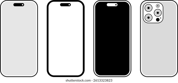 Set of four minimalist smartphone outline icons showing front and back views in black, white, and gray variations.