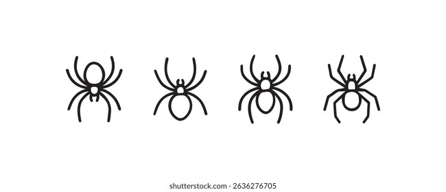 Set of four minimalist spider icons in black and white line art style.