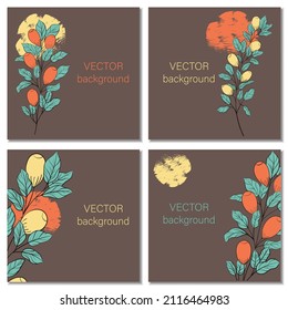 Consta de cuatro ambientes cuadrados minimalistas con bayas en una rama. Elementos de plantas en el diseño de postales, volantes, invitaciones, volantes, tarjetas de visita, banners. 