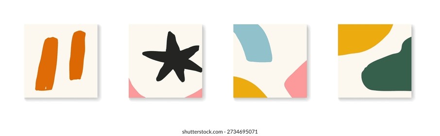Conjunto de quatro ilustrações quadradas minimalistas com formas orgânicas abstratas, pinceladas e uma estrela em uma paleta de cores moderna e terrosa.